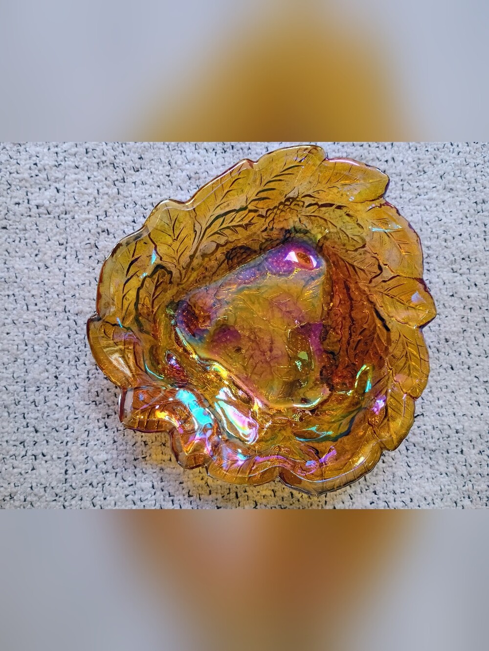 Indiana Glass Iridescent Amber Leaf Candy Bowl- EUC